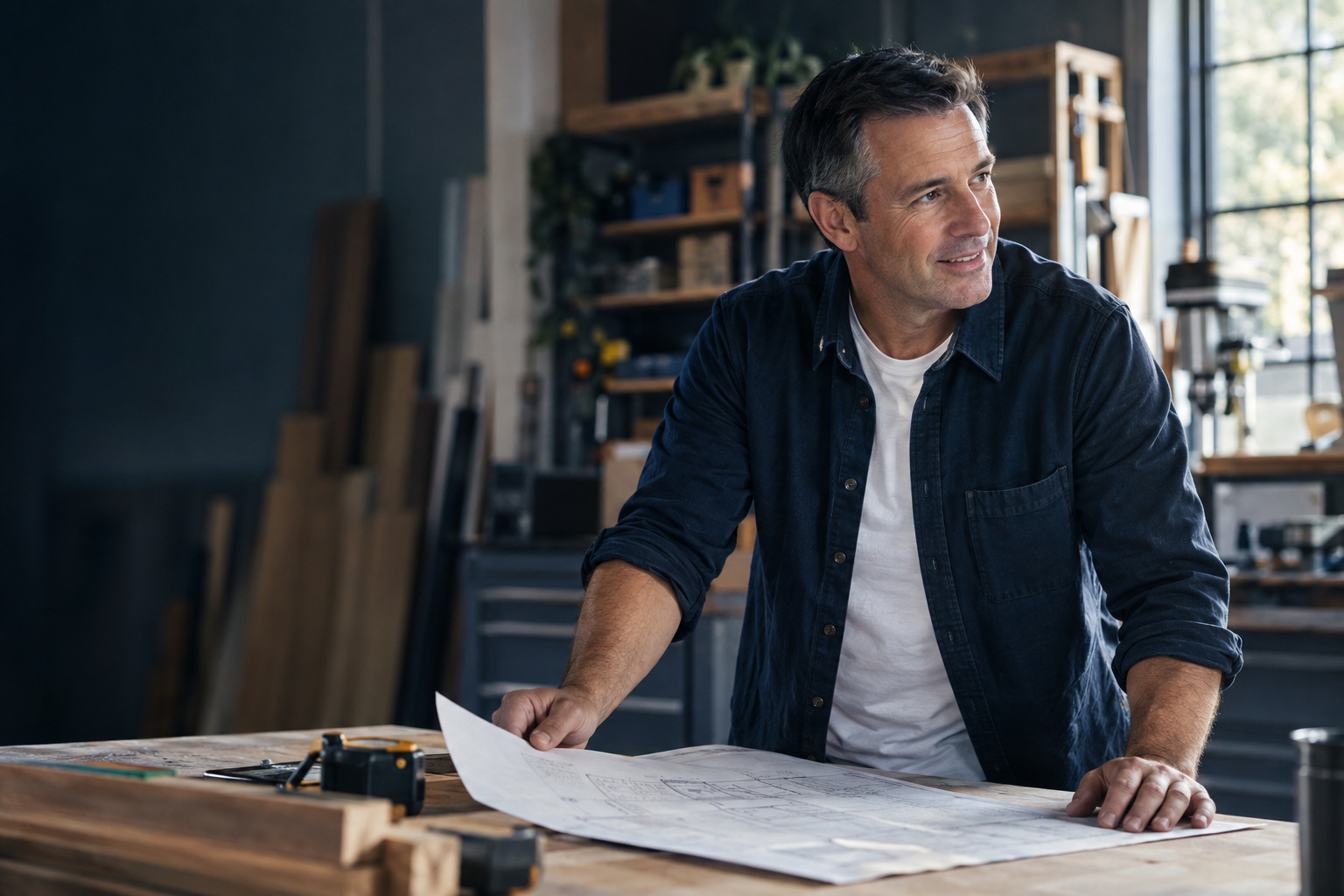 A business owner reviewing a printed plan at his service-business workbench.