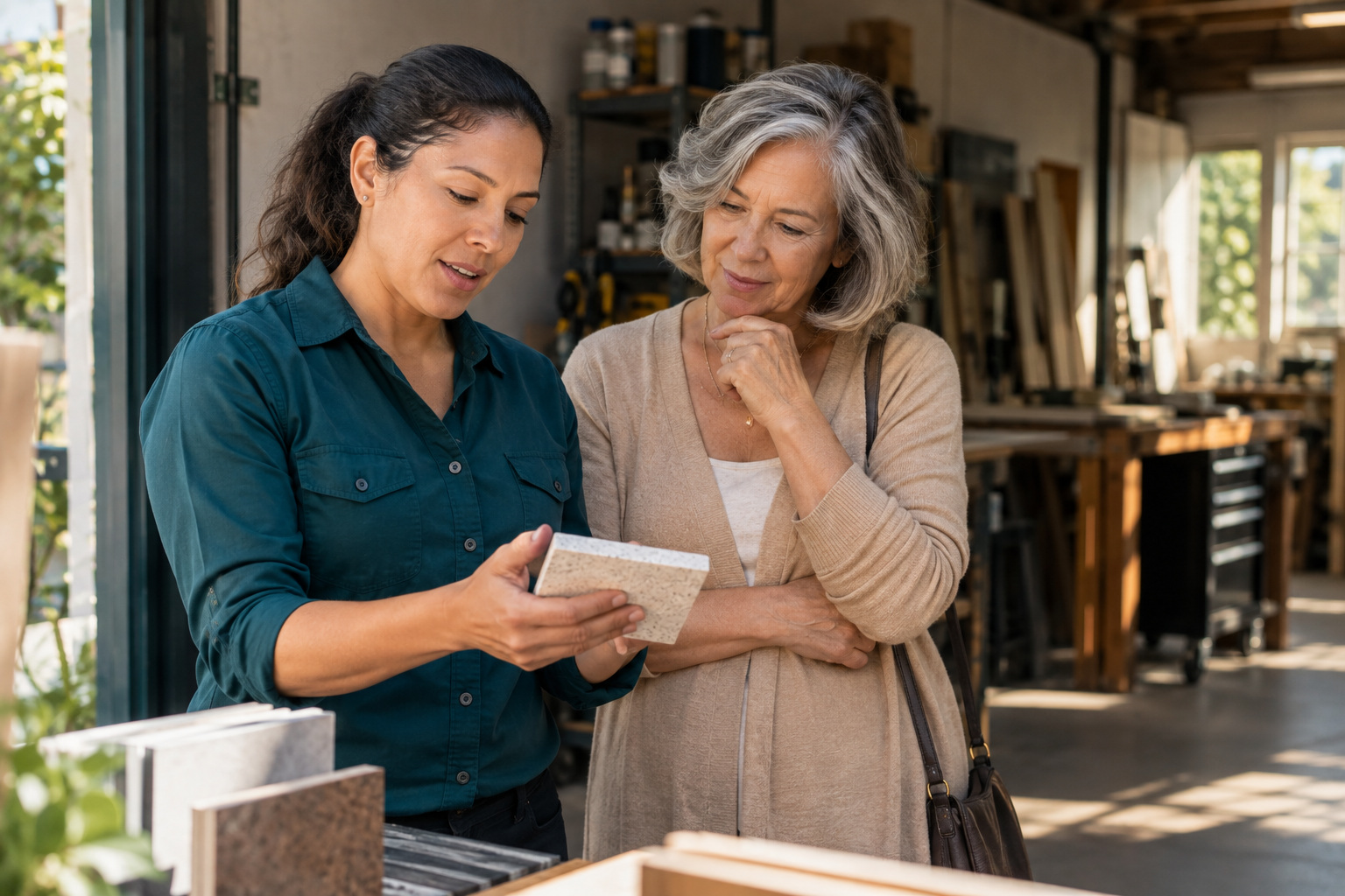 A business operator and customer reviewing a material sample.