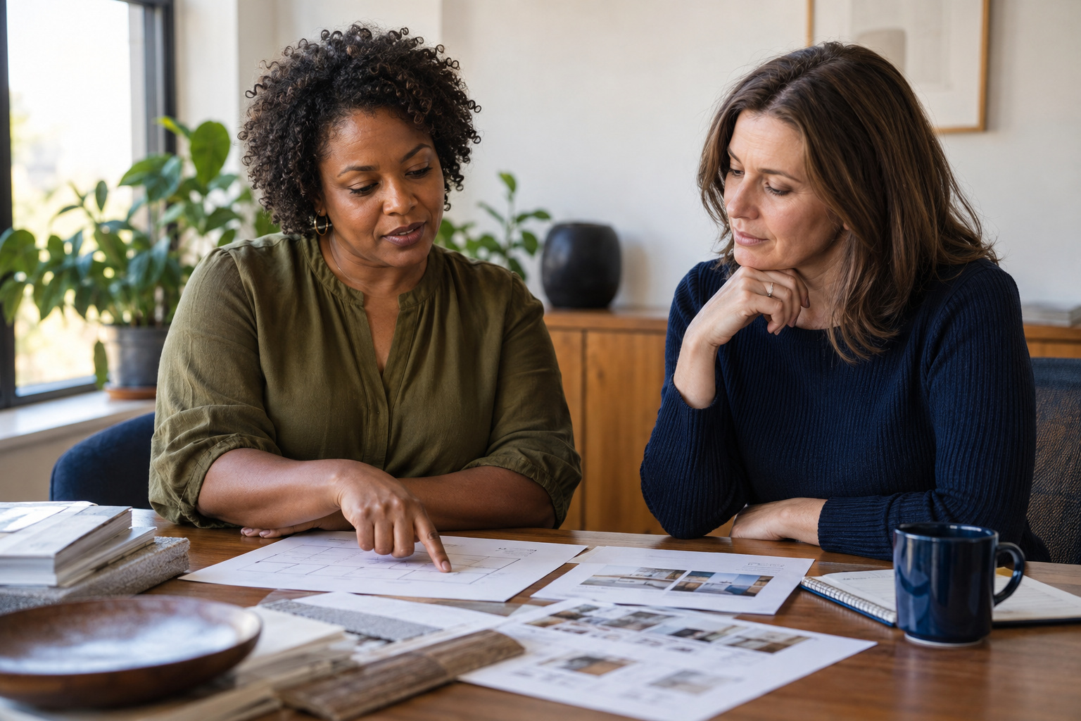 Two business partners reviewing work and discussing a document together.